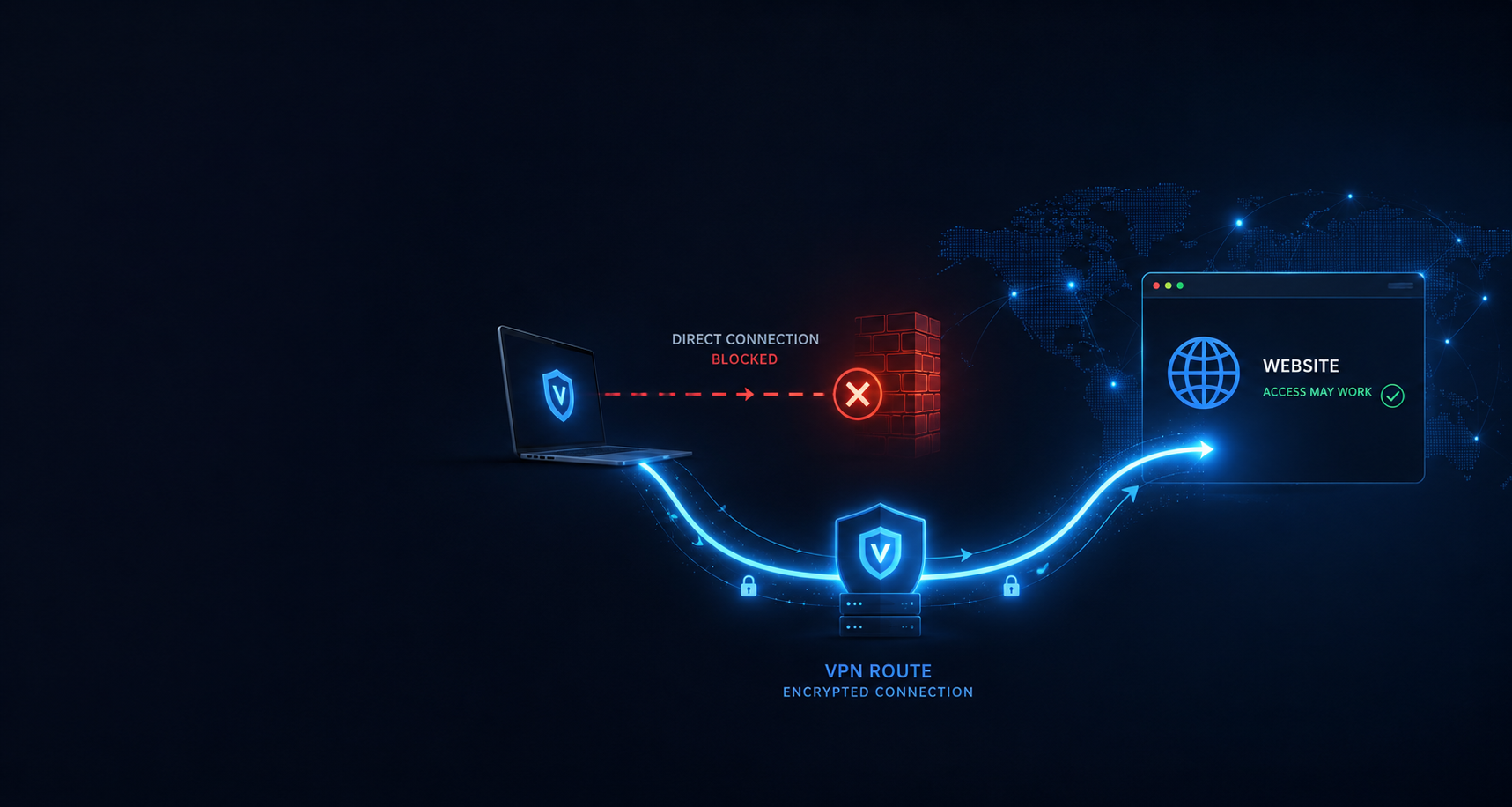 Illustration showing a blocked direct website connection and an alternative VPN route