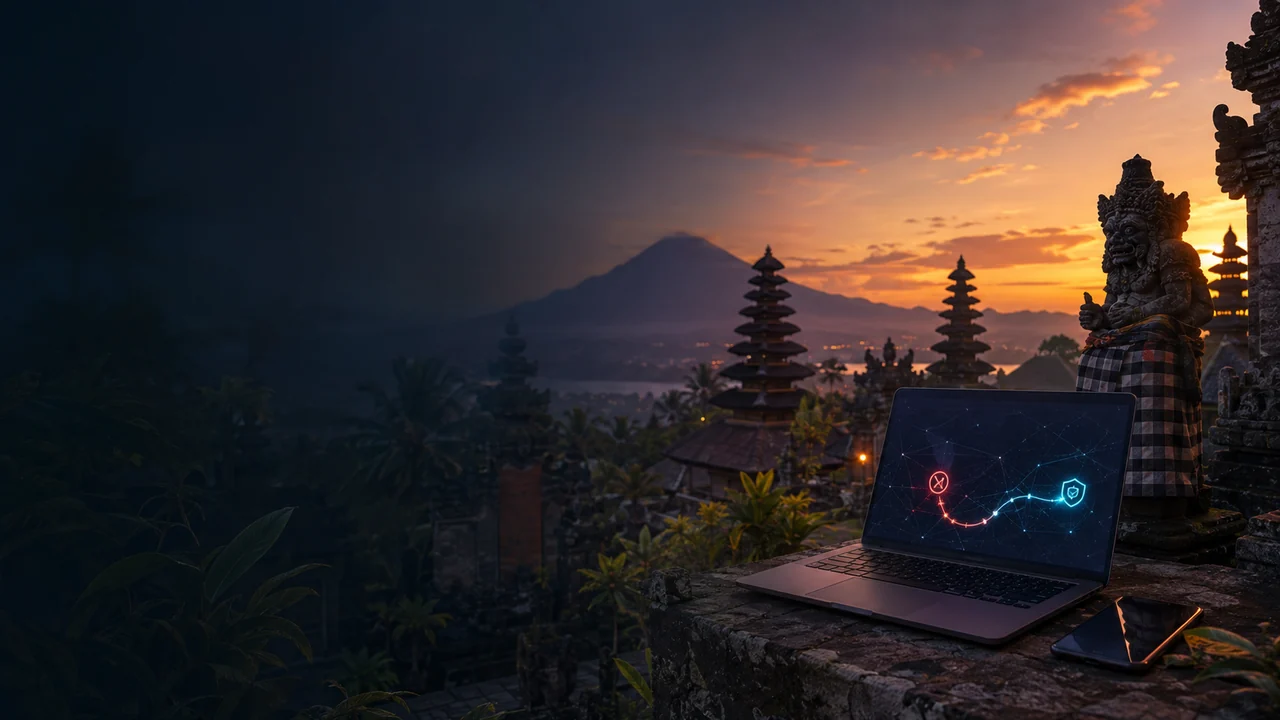 Bali landscape with secure network routing concept