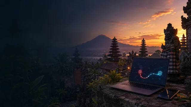 Paisaje de Bali con una ilustración de conexión segura