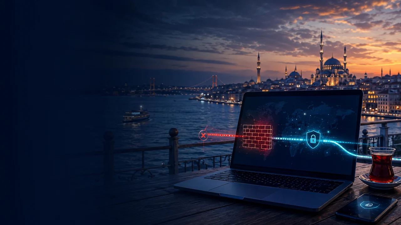 Istanbul internet filtering and encrypted VPN routing concept