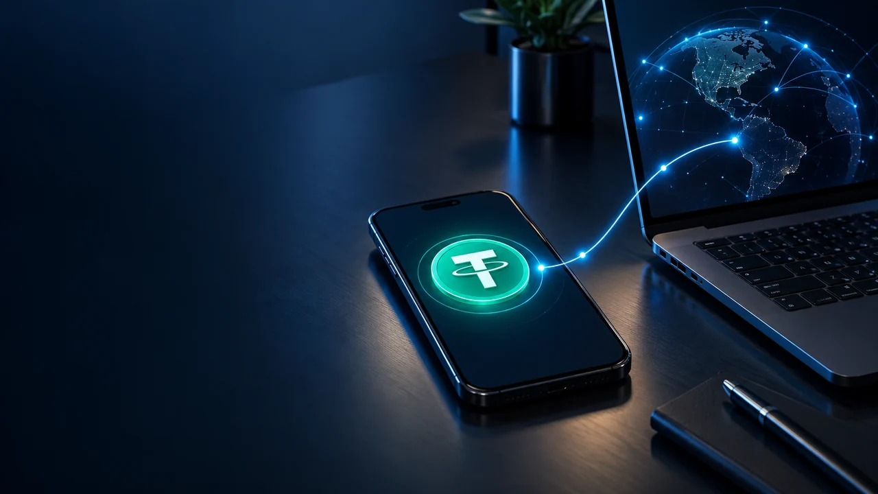Móvil con el símbolo de Tether junto a un portátil con un globo de conexiones.