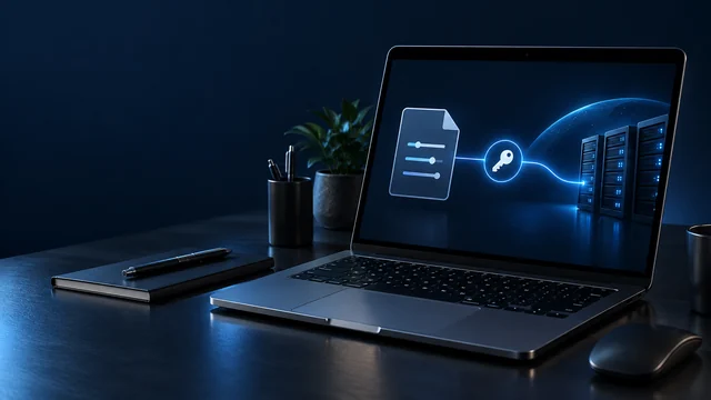 Ilustración de un perfil de configuración en un portátil conectado a servidores VPN.