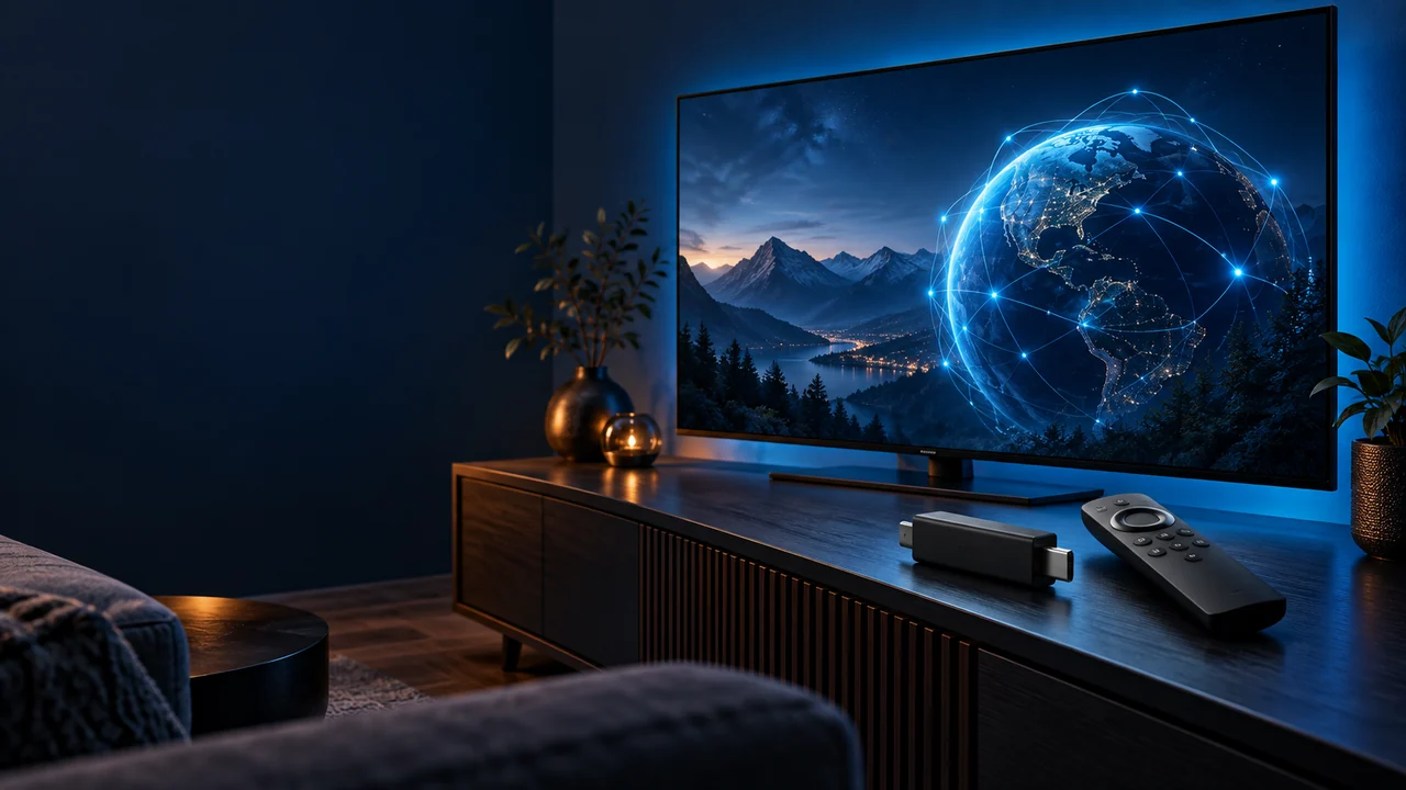 Televisor con una ilustración de conexiones, dispositivo de streaming y mando.