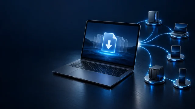 Portátil con un símbolo de descarga conectado a varios dispositivos pares.
