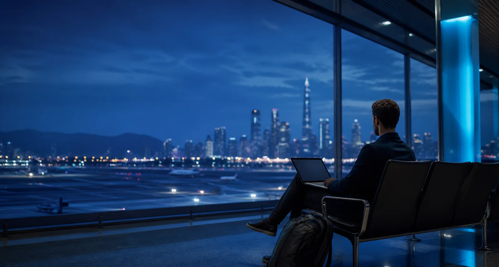 Traveller preparing a laptop connection in an airport lounge