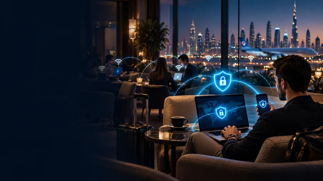 Viajero usando un portátil y un teléfono en el wifi compartido de un aeropuerto con un escudo VPN ilustrado