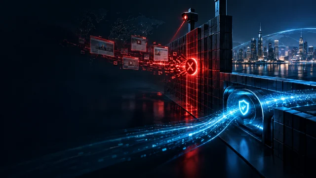 Túnel VPN azul ilustrado atravesando un cortafuegos junto a tráfico rojo bloqueado