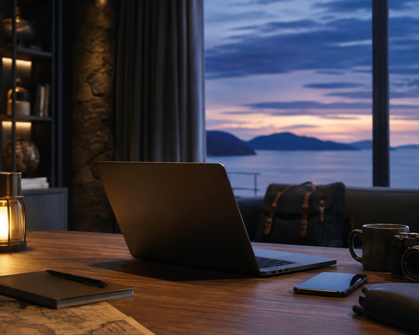 Laptop, phone and notebook on a desk overlooking the sea at dusk