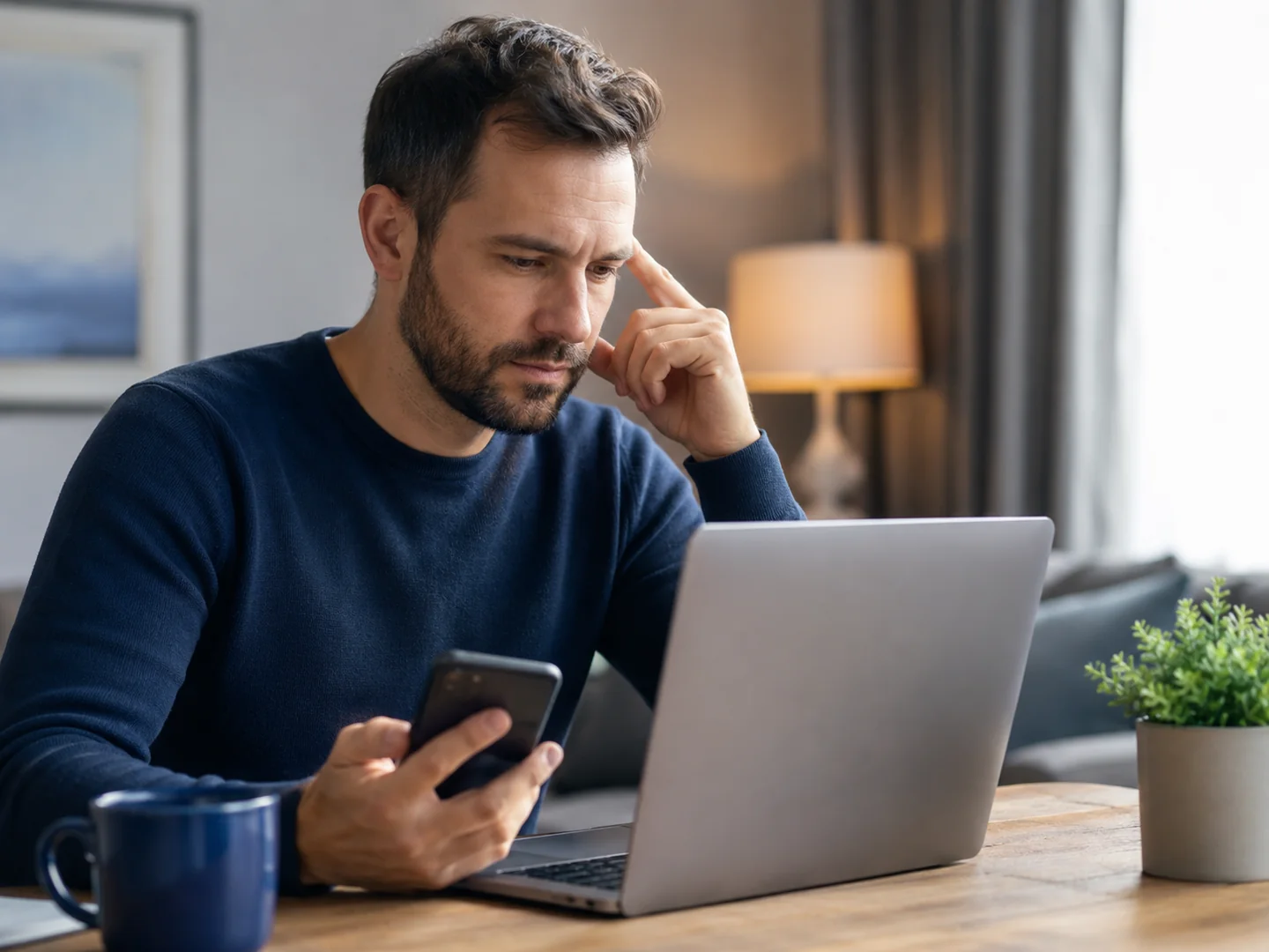 A person reviewing a phone beside a laptop at home