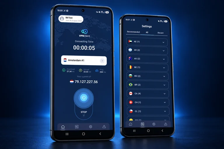Android VPNClient app preview showing the connection screen and server-location list on two phones