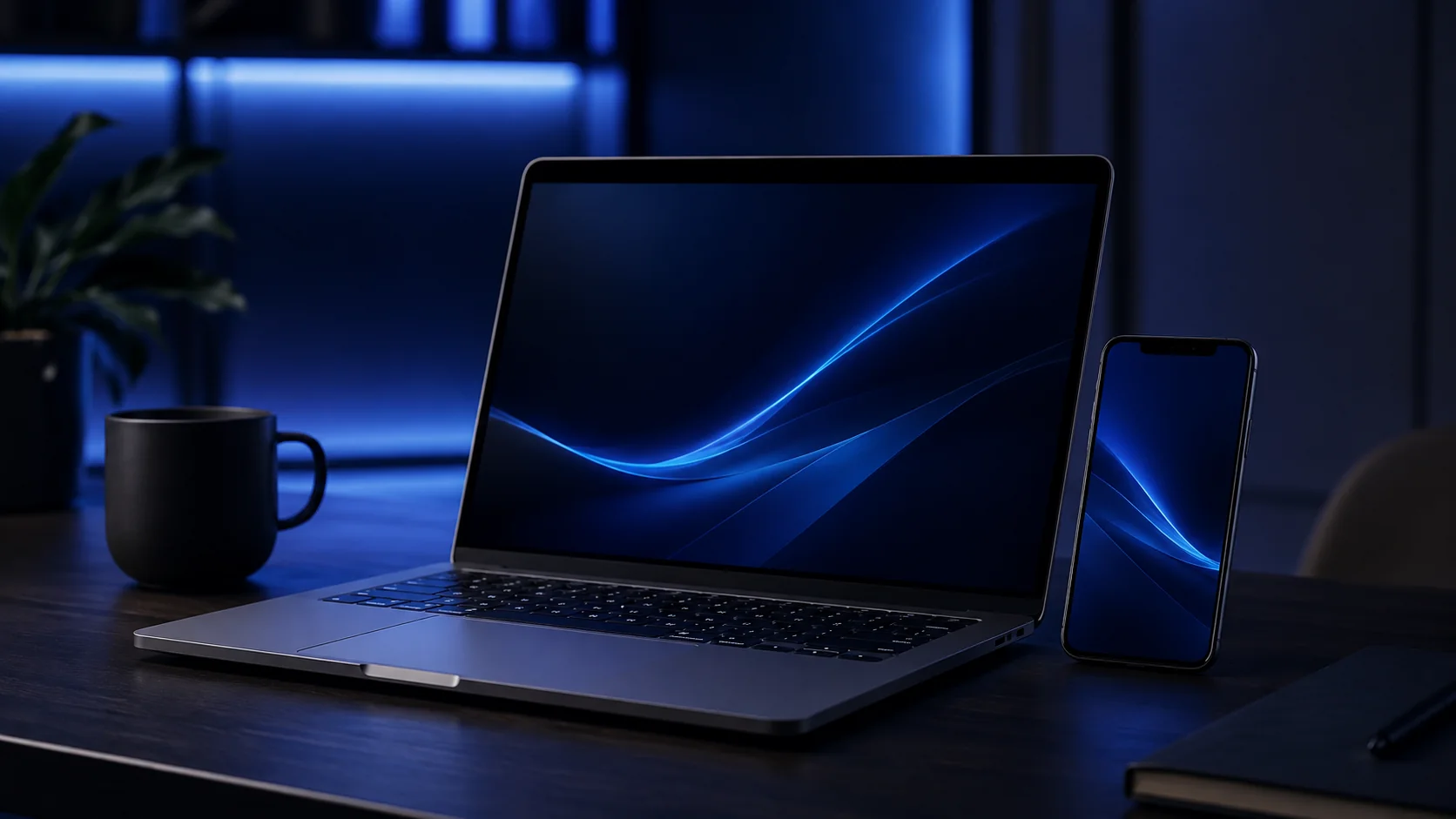 Laptop and phone in a modern workspace