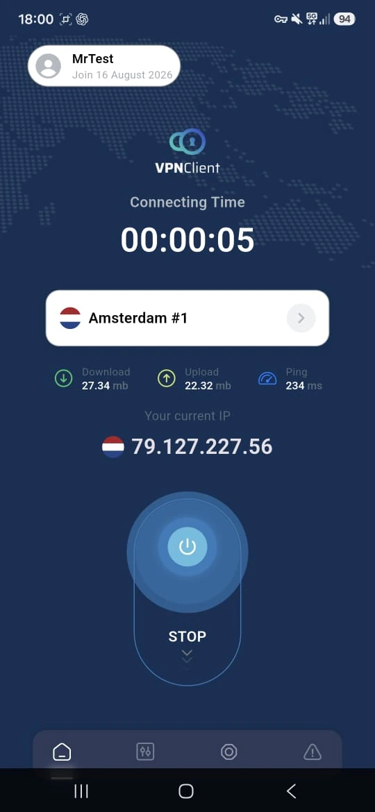 Connected VPNClient showing Amsterdam server, timer, VPN IP and Stop control