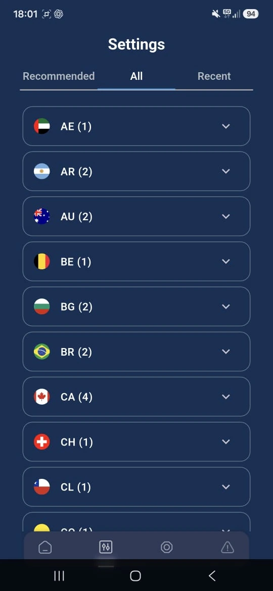 VPNClient server list with expandable country rows