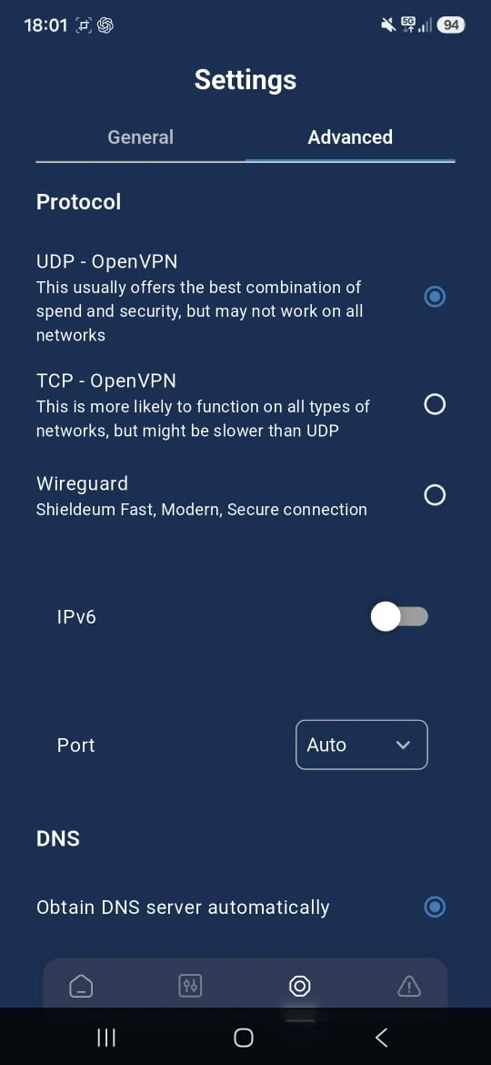 Advanced settings with WireGuard, UDP OpenVPN, TCP OpenVPN, port and DNS controls