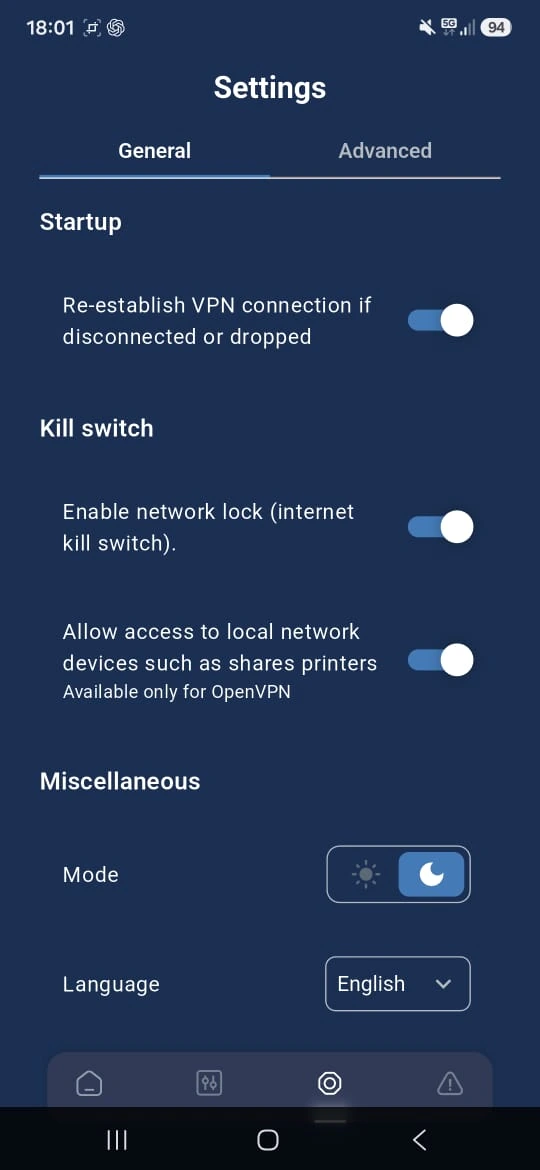 General settings with reconnect and Network Lock switches