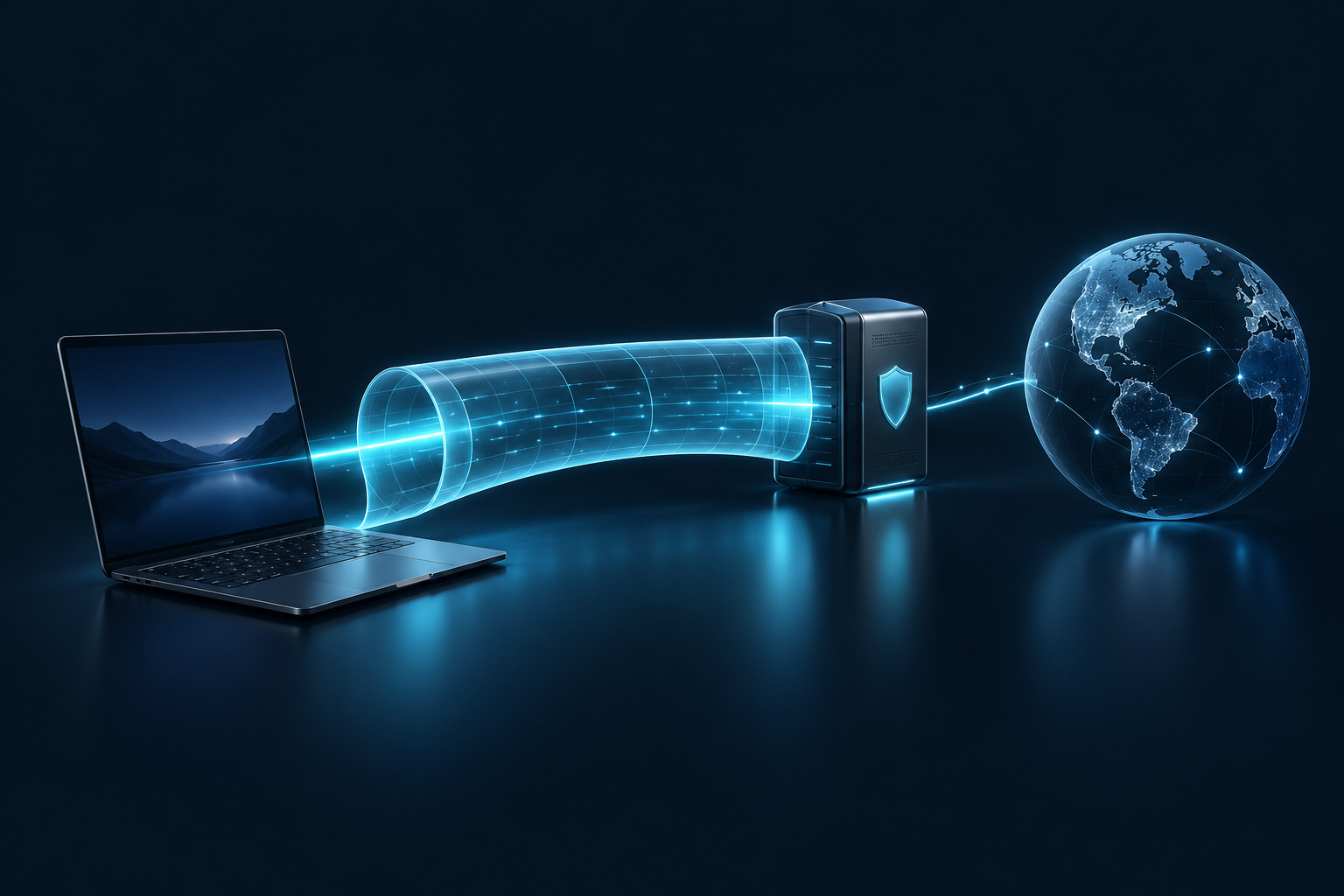 Illustration of a laptop connecting through an encrypted tunnel to a VPN server and then the internet