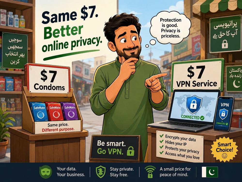 Cartoon comparing a $7 purchase with a $7 VPN service for online privacy in Pakistan