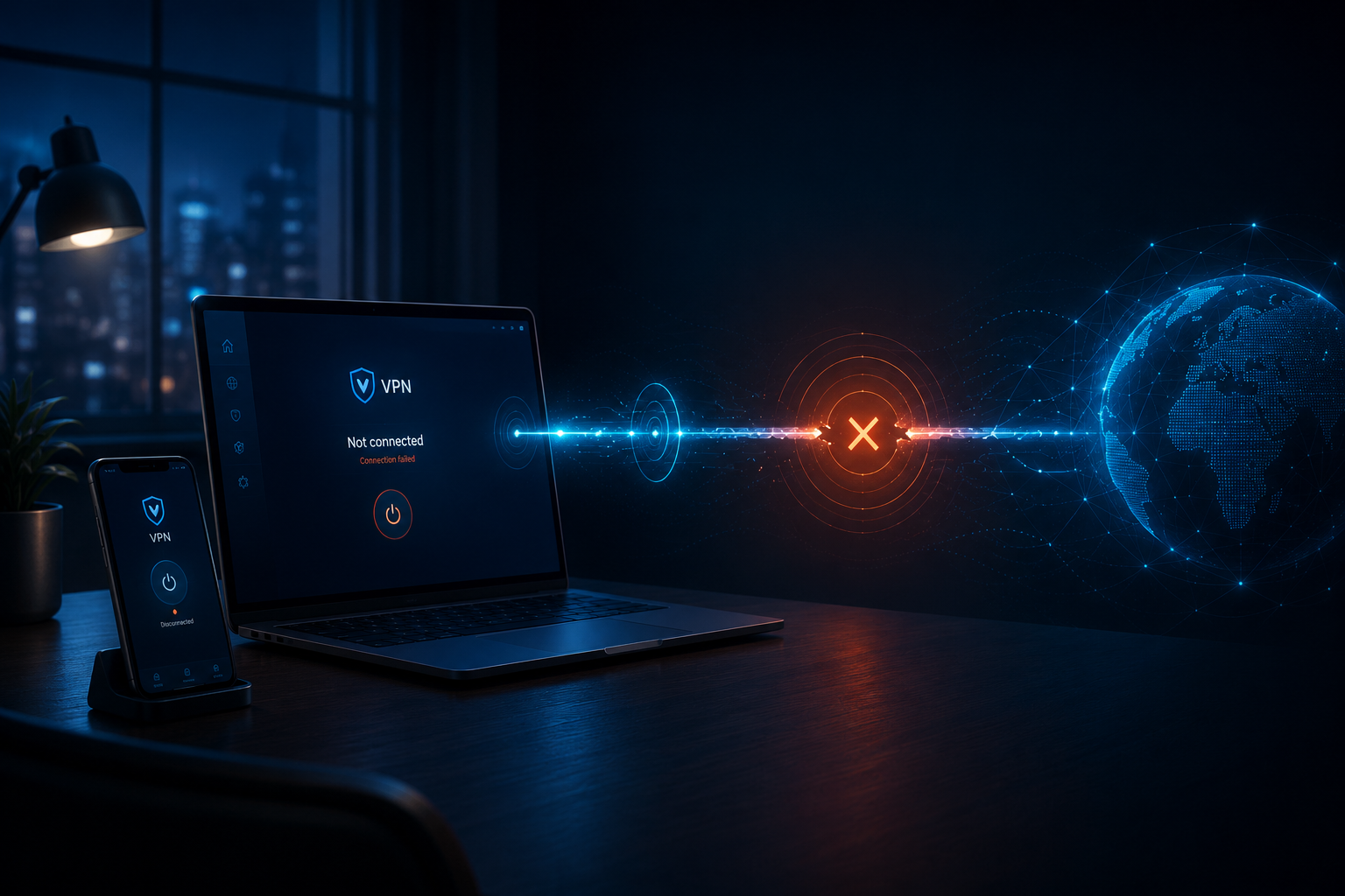 VPN connection failure shown between a device and the internet