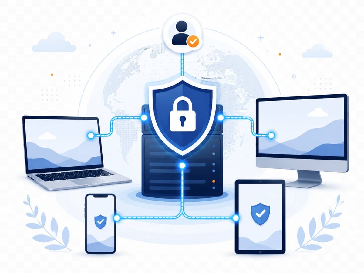 Illustration of one VPN account protecting multiple devices including a laptop, smartphone, tablet and desktop computer
