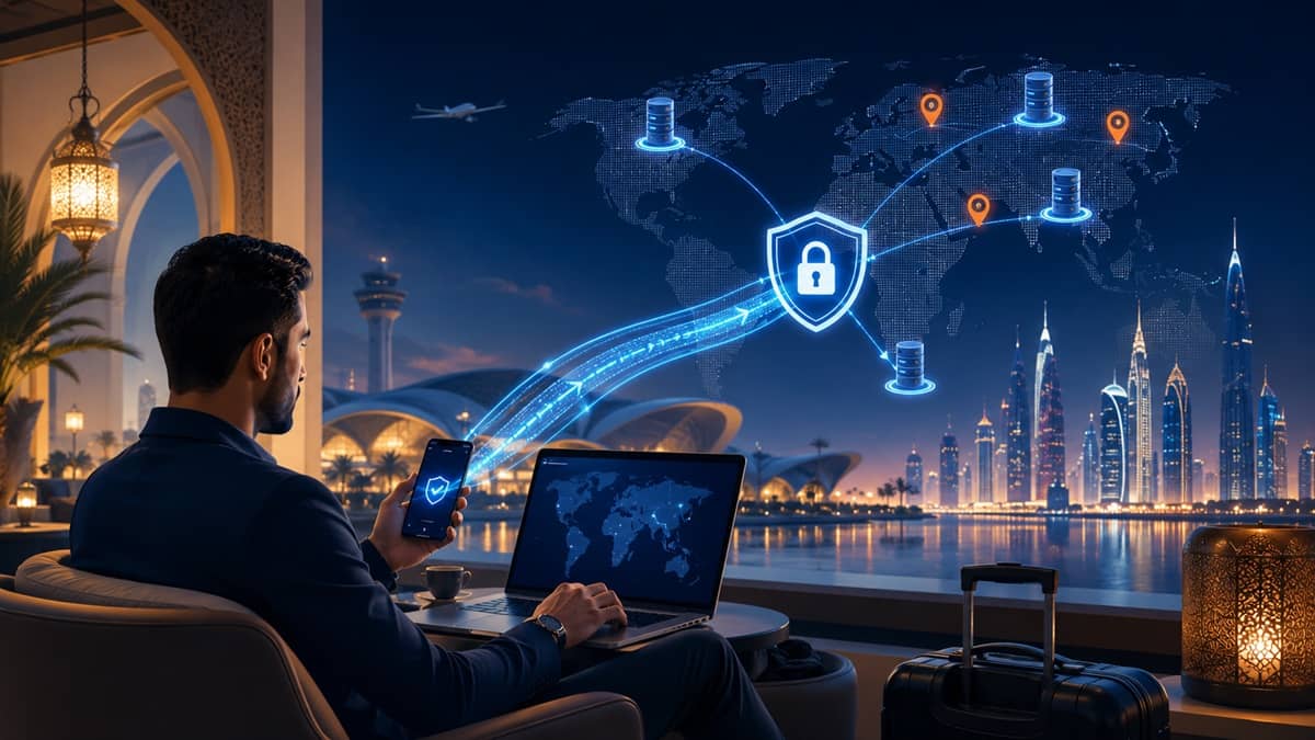 Traveler using a VPN on a laptop and phone in an airport or hotel to access secure internet and global server locations