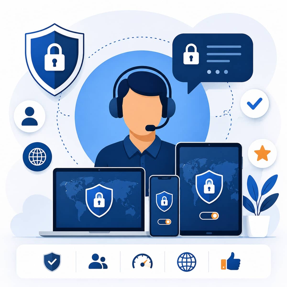 VPN customer support illustration with secure chat, shield protection and connected devices