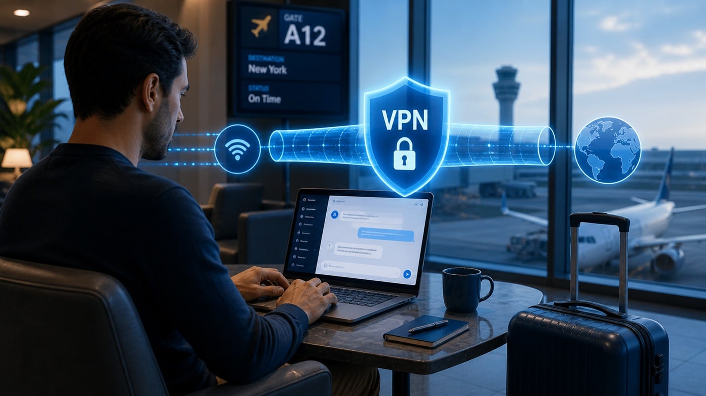 Traveler using ChatGPT on a laptop with a secure VPN connection