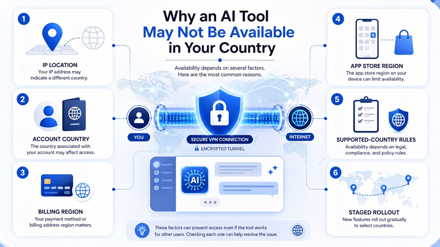AI access checks including IP location account country billing region and app store region