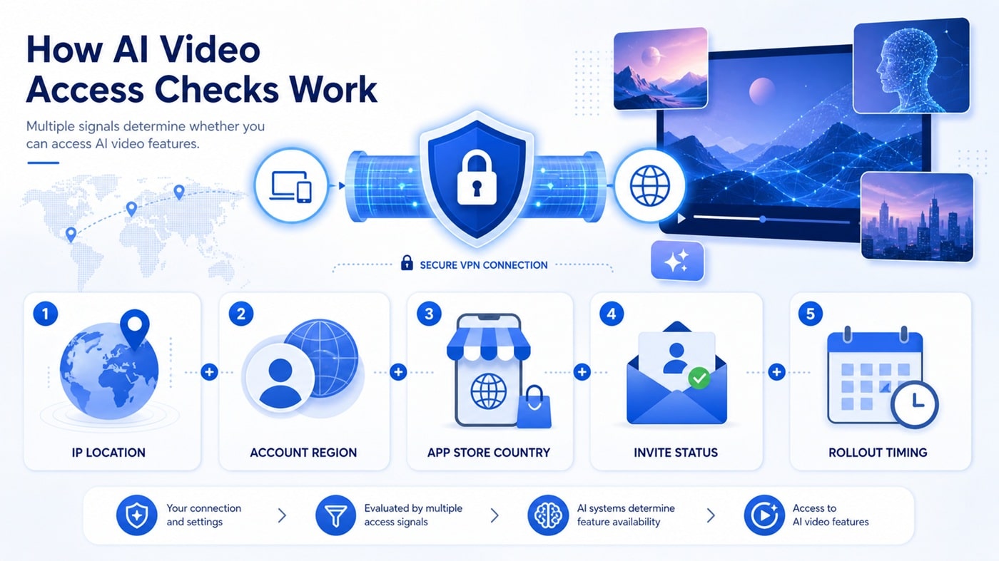 AI video access checks including IP location account region and app store country