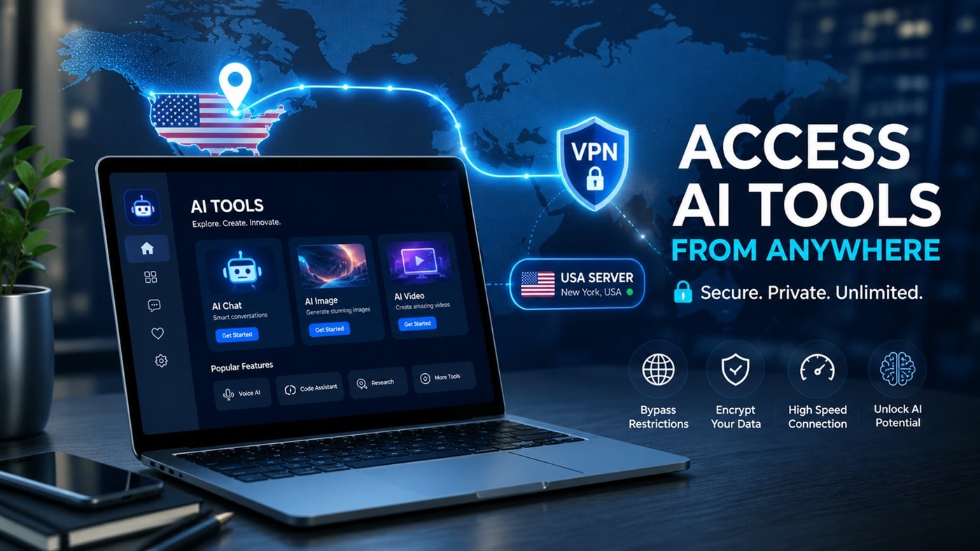 Laptop connected through a USA VPN to access region-gated AI tools