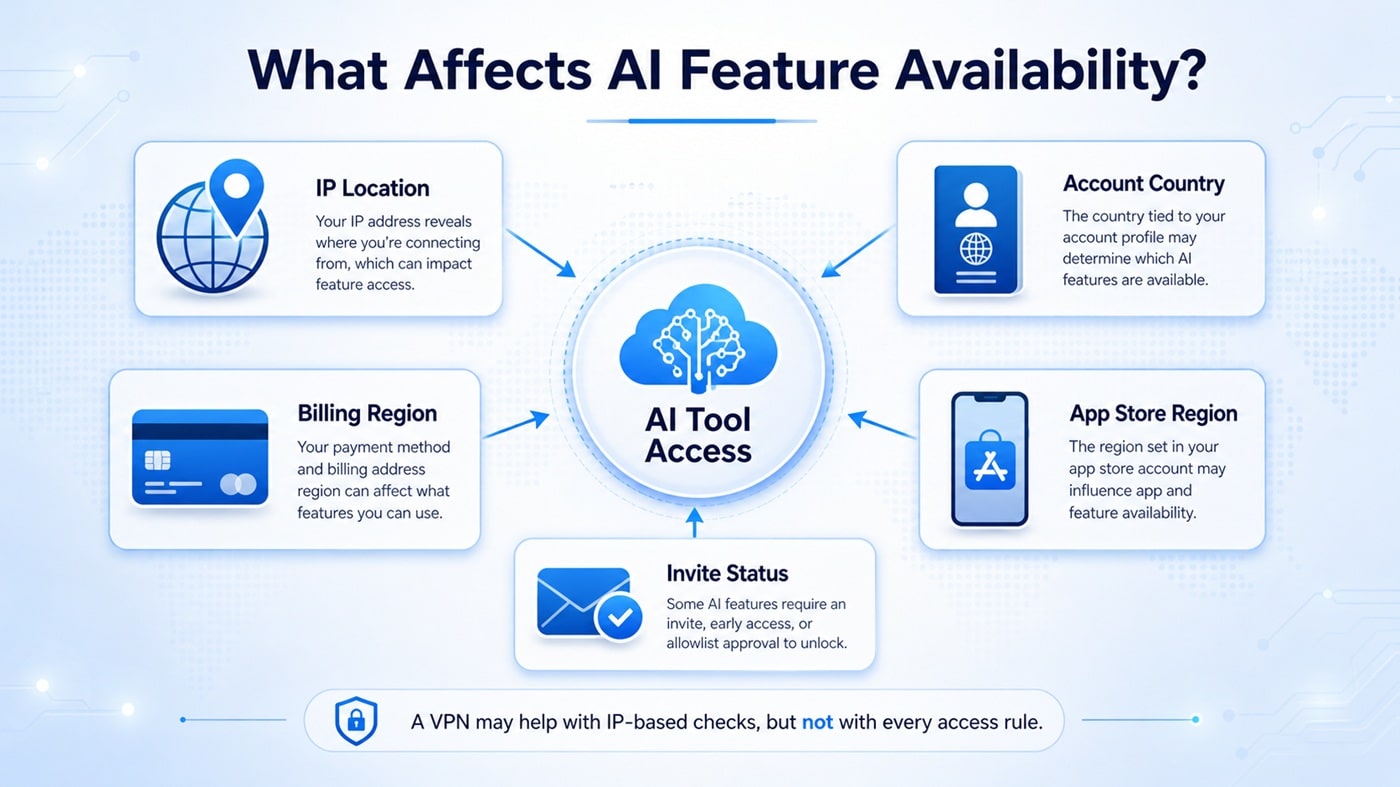 Infographic explaining factors that affect region-locked AI access