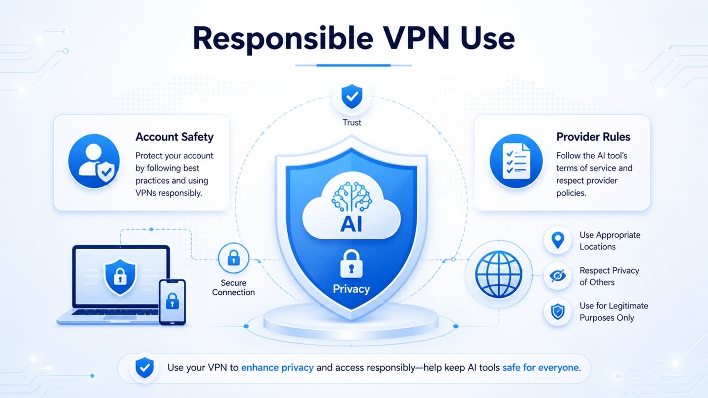 Responsible VPN use for AI tools with privacy and account safety symbols