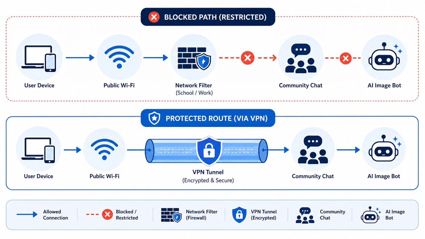 Discord and AI image tool network blocks with VPN troubleshooting paths