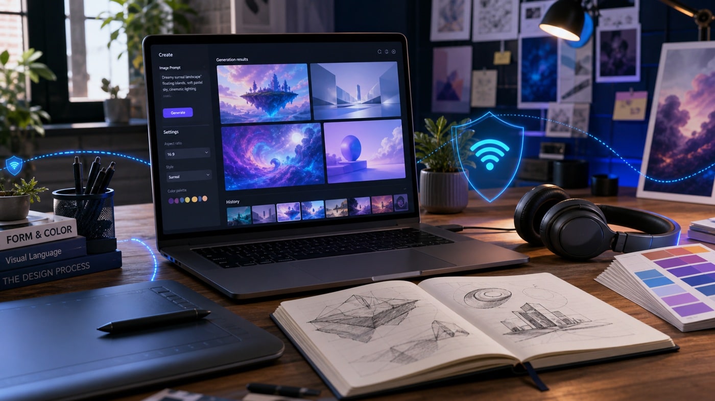 Creative AI image workflow protected by a VPN connection