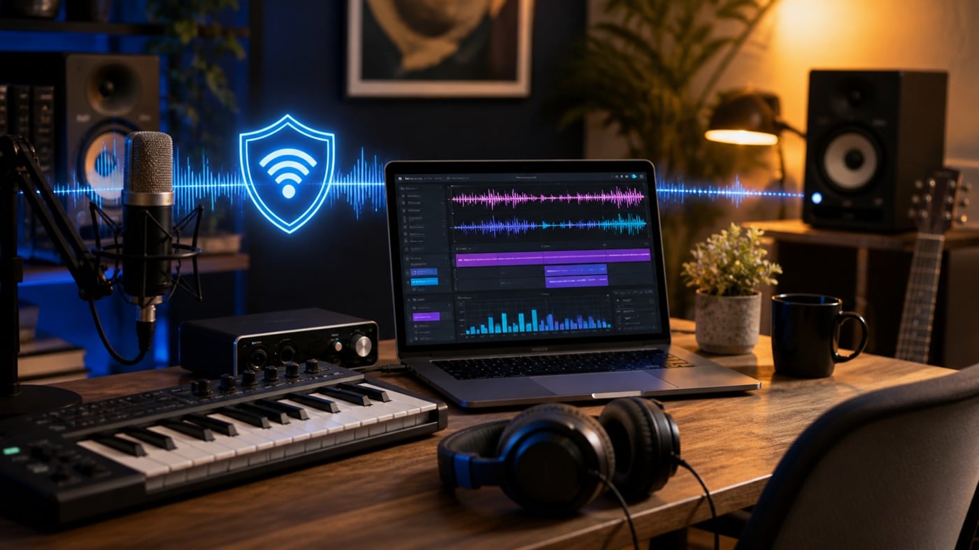 AI music creation workflow protected by a VPN connection