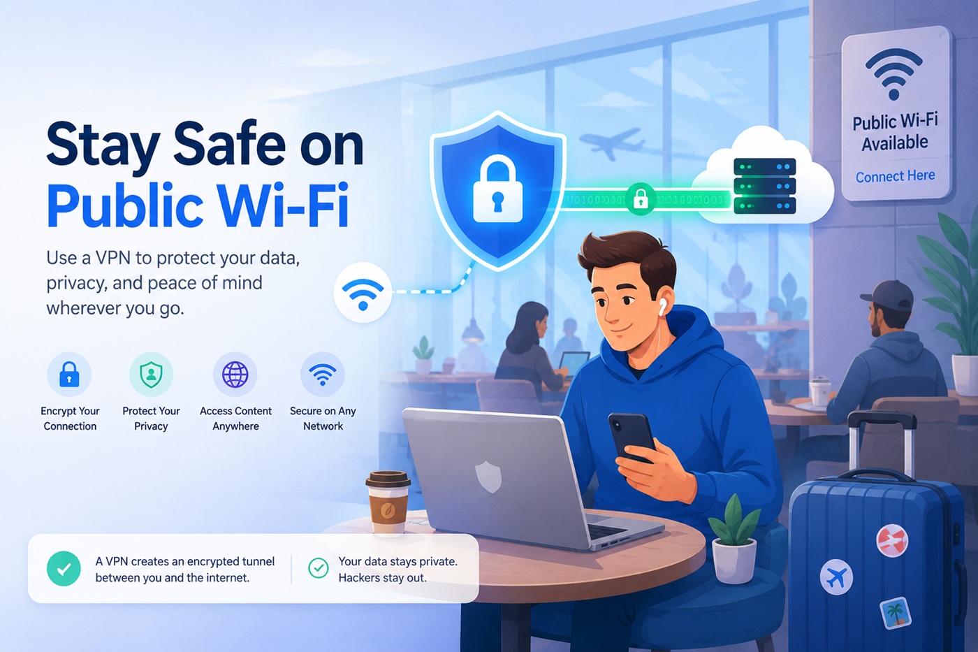 VPN for public Wi-Fi, hotel Wi-Fi, airport Wi-Fi and café Wi-Fi safety